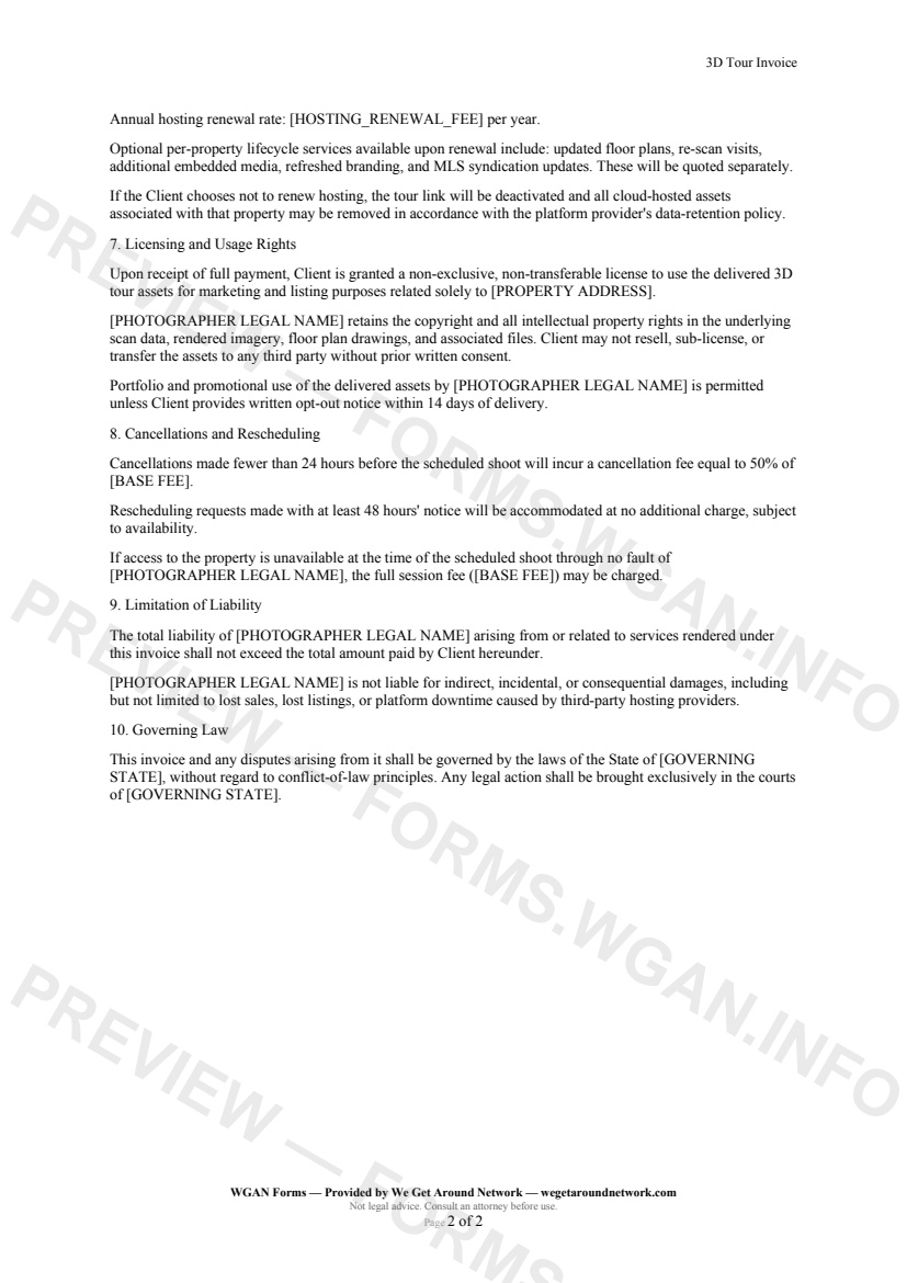 3D Tour Invoice — page 2 preview covering Hosting Renewal and Lifecycle Add-Ons, Licensing and Usage Rights, Cancellations and Rescheduling