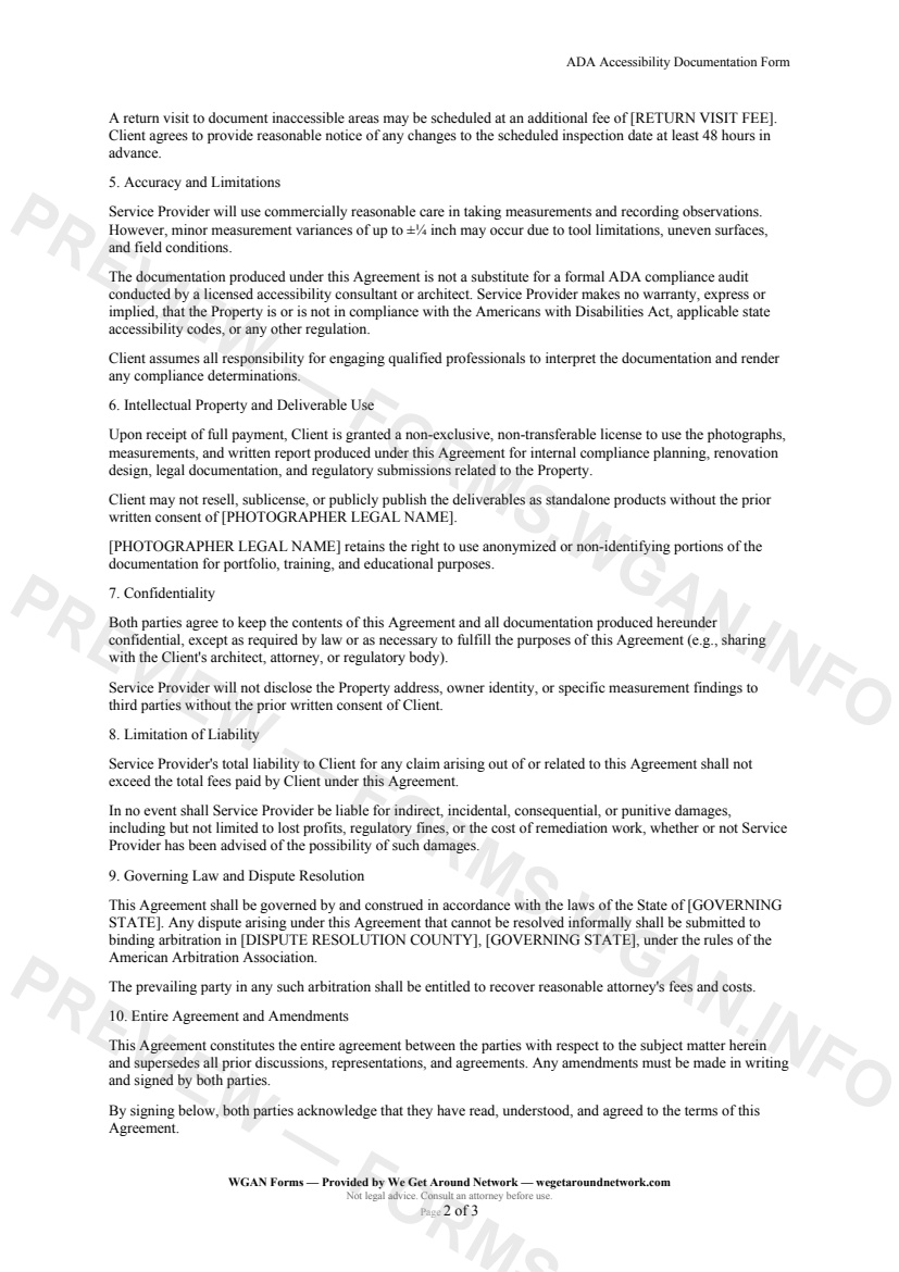 ADA Accessibility Documentation Form — page 2 preview covering Intellectual Property and Deliverable Use, Confidentiality, Limitation of Liability