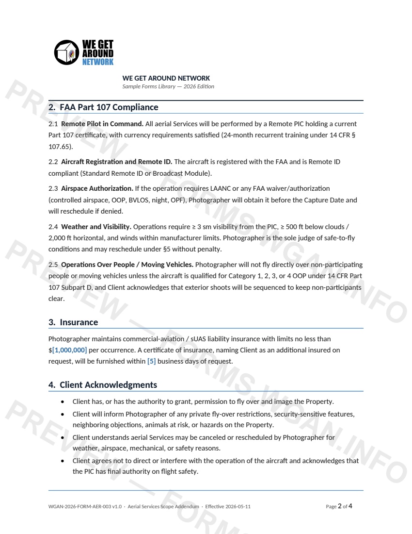 Aerial Services Scope Addendum — page 2 preview covering 6. Fees, 7. IP, License, and AI, 8. Termination of Aerial Services Only