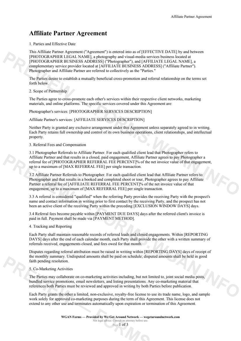 Affiliate Partner Agreement — page 1 preview covering Parties and Effective Date, Scope of Partnership, Referral Fees and Compensation