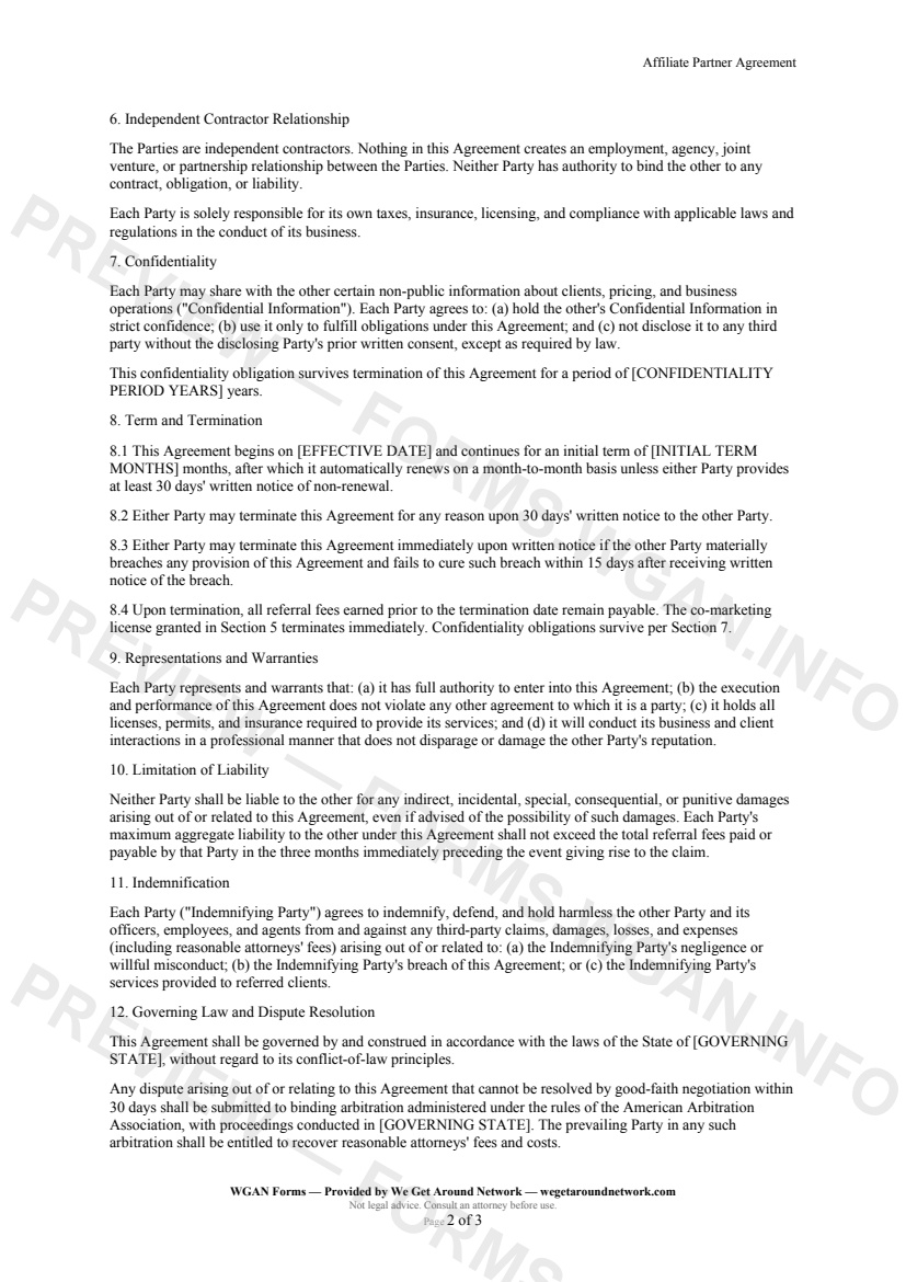 Affiliate Partner Agreement — page 2 preview covering Term and Termination, Representations and Warranties, Limitation of Liability