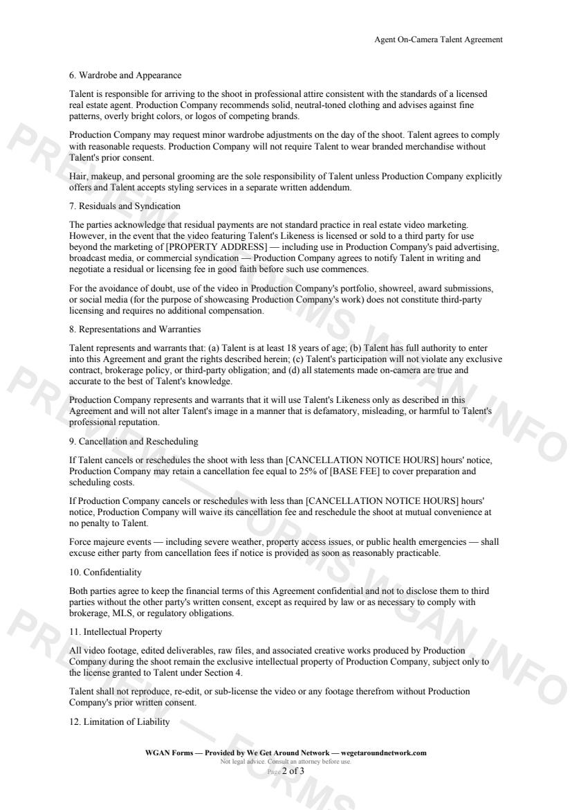 Agent On-Camera Talent Agreement — page 2 preview covering Cancellation and Rescheduling, Confidentiality, Intellectual Property