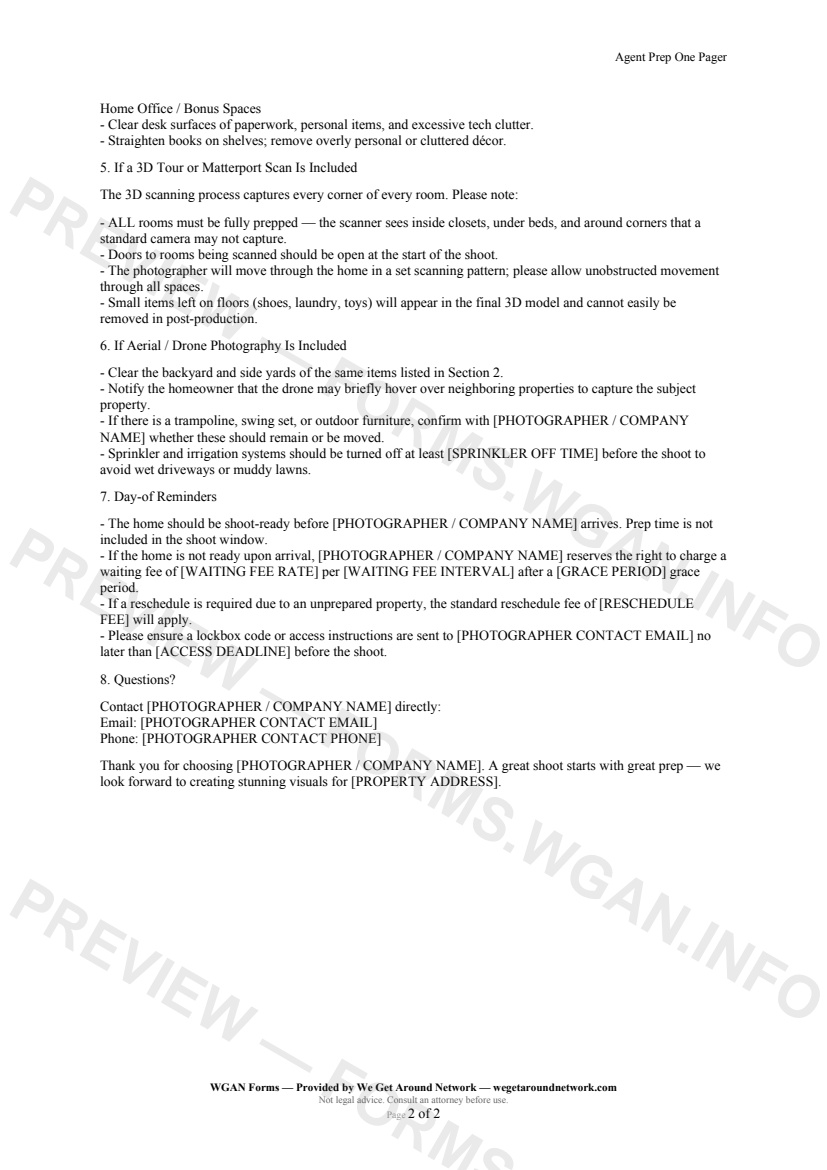 Agent Prep One Pager — page 2 preview covering If a 3D Tour or Matterport Scan Is Included, If Aerial / Drone Photography Is Included, Day-of Reminders