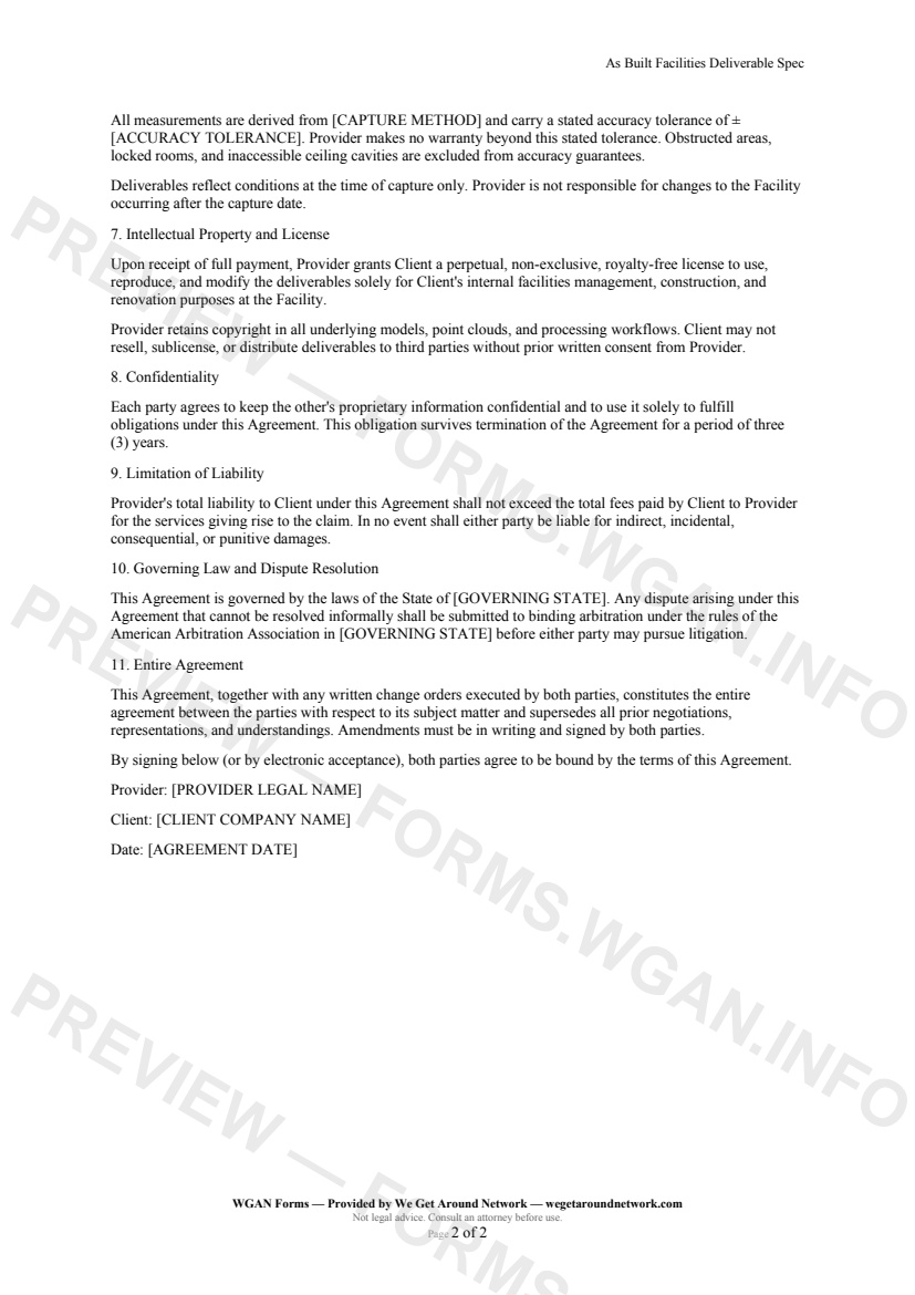 As Built Facilities Deliverable Spec — page 2 preview covering Intellectual Property and License, Confidentiality, Limitation of Liability