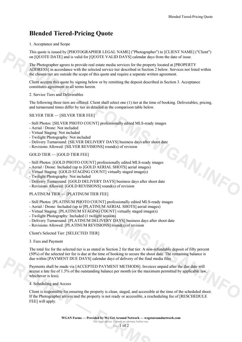 Blended Tiered-Pricing Quote — page 1 preview covering Acceptance and Scope, Service Tiers and Deliverables, Fees and Payment