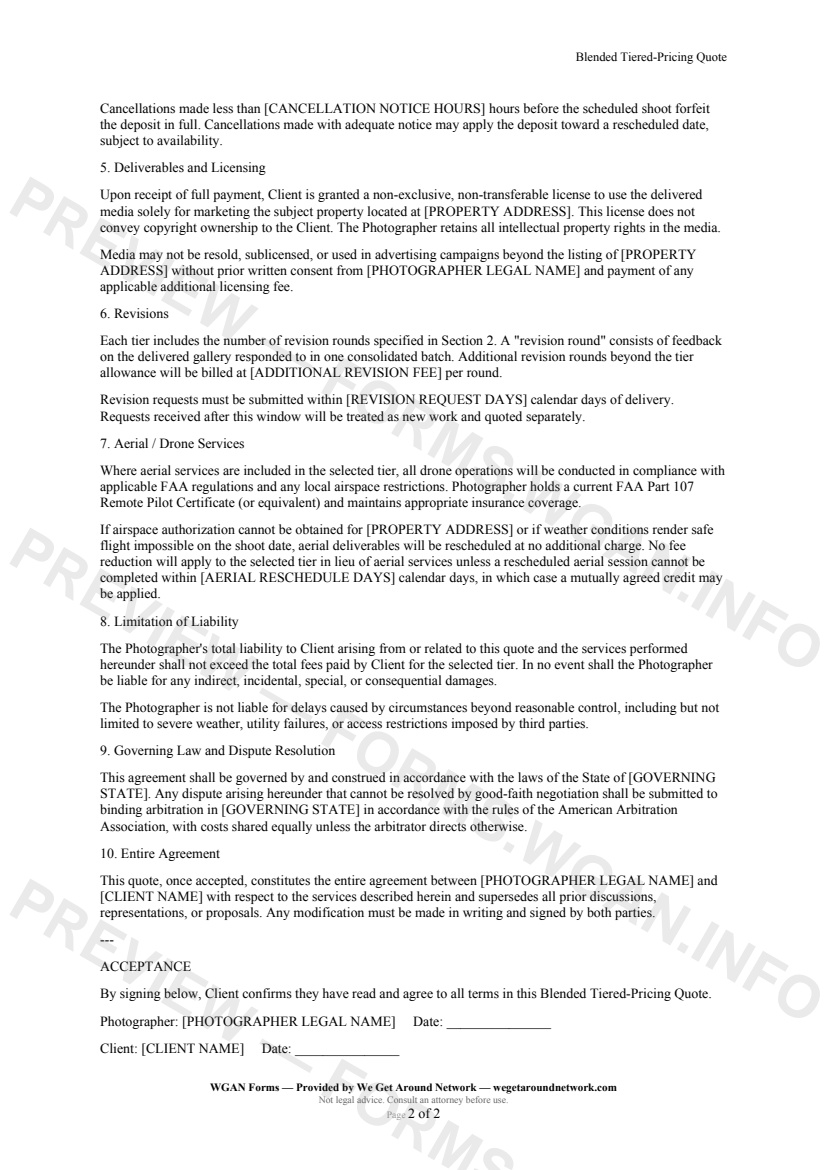 Blended Tiered-Pricing Quote — page 2 preview covering Revisions, Aerial / Drone Services, Limitation of Liability