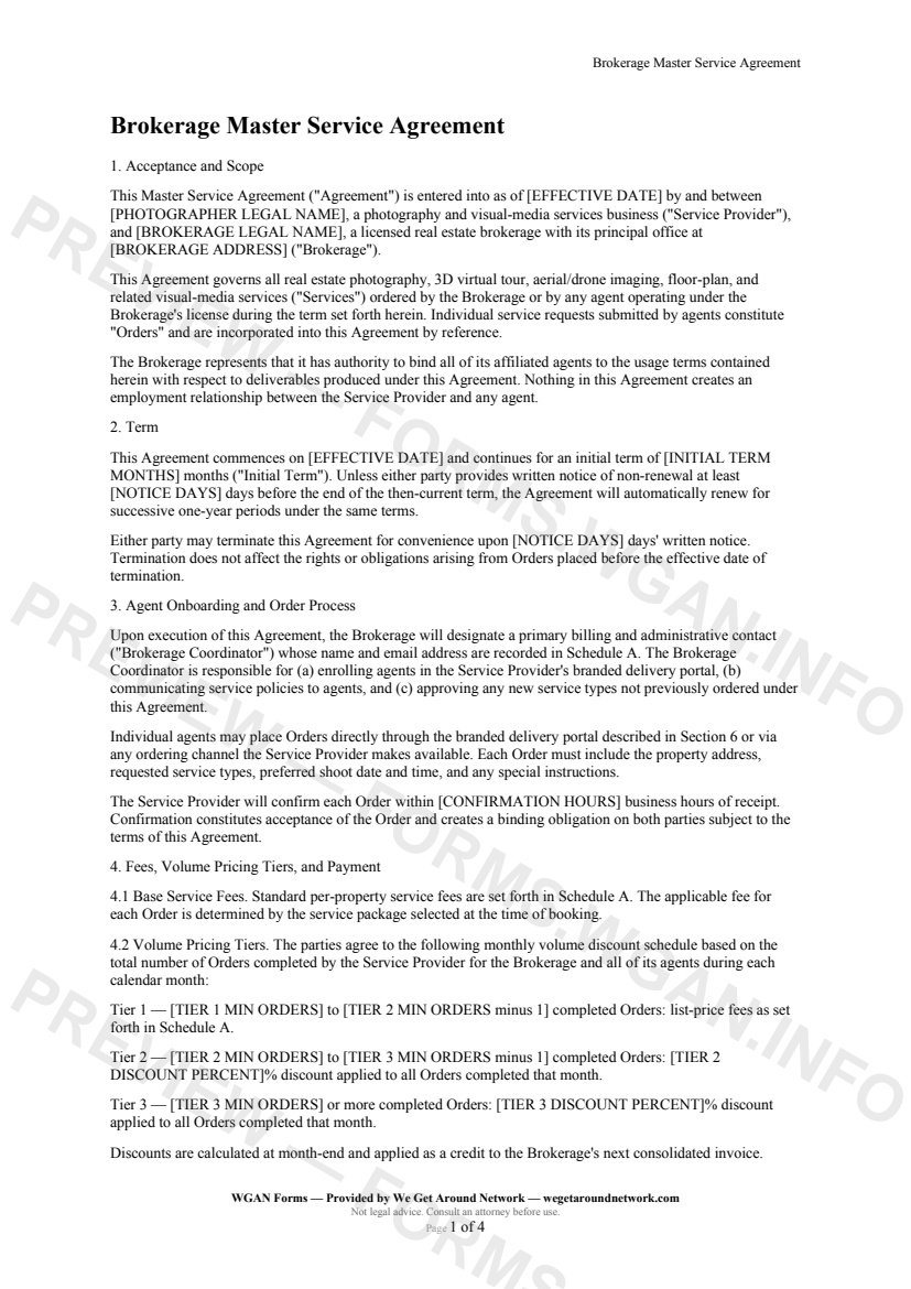 Brokerage Master Service Agreement — page 1 preview covering 1. Acceptance and Scope, 2. Term, 3. Agent Onboarding and Order Process