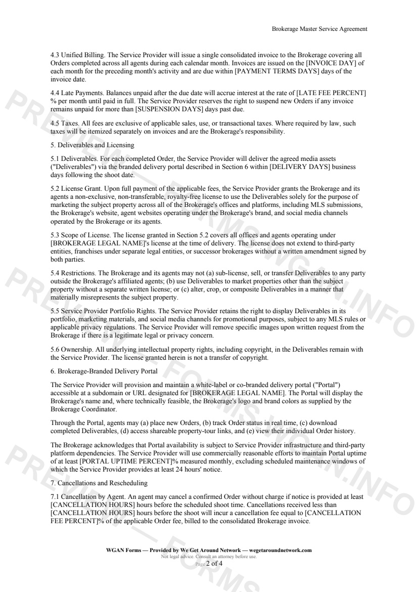 Brokerage Master Service Agreement — page 2 preview covering 8. Representations and Warranties, 9. Limitation of Liability, 10. Indemnification