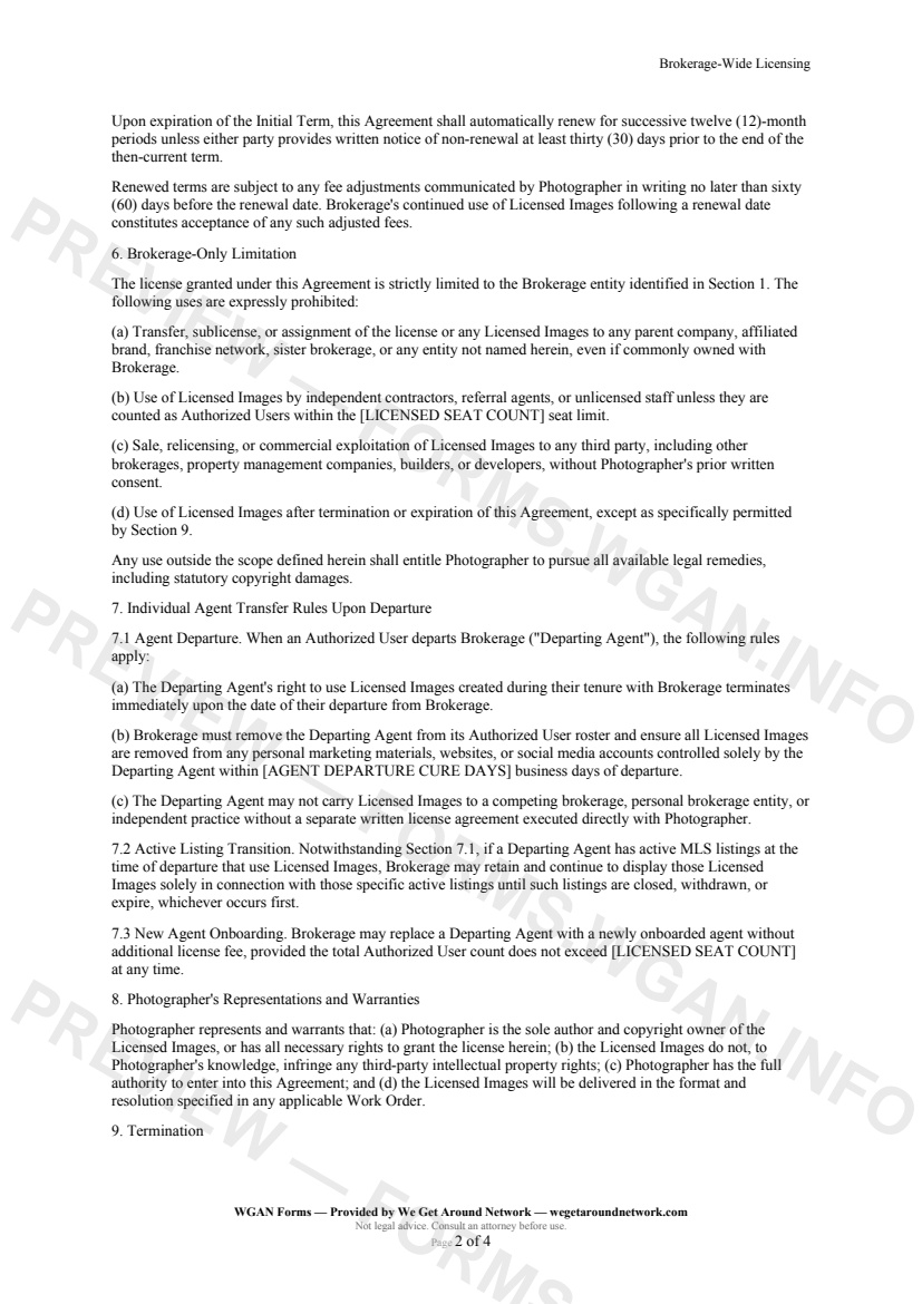 Brokerage-Wide Licensing — page 2 preview covering 8. Photographer's Representations and Warranties, 9. Termination, 10. Indemnification