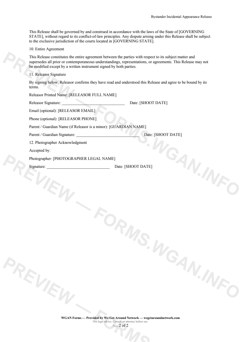 Bystander Incidental Appearance Release — page 2 preview covering Waiver of Claims, No Obligation to Use, Governing Law