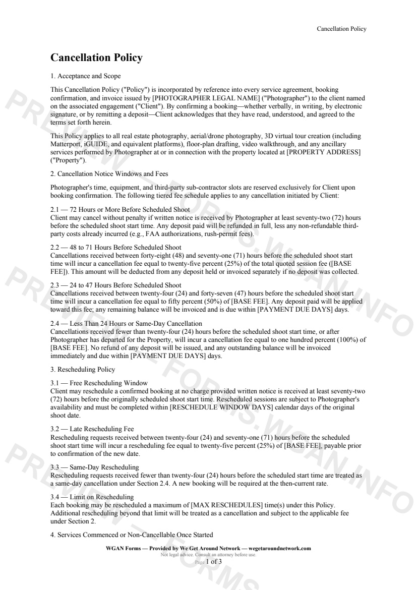 Cancellation Policy — page 1 preview covering Acceptance and Scope, Cancellation Notice Windows and Fees, Rescheduling Policy