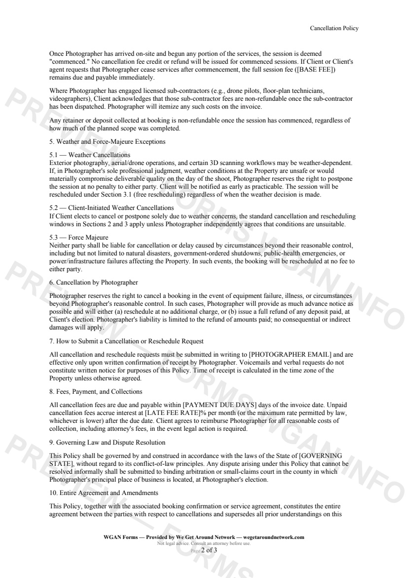 Cancellation Policy — page 2 preview covering Cancellation by Photographer, How to Submit a Cancellation or Reschedule Request, Fees, Payment, and Collections