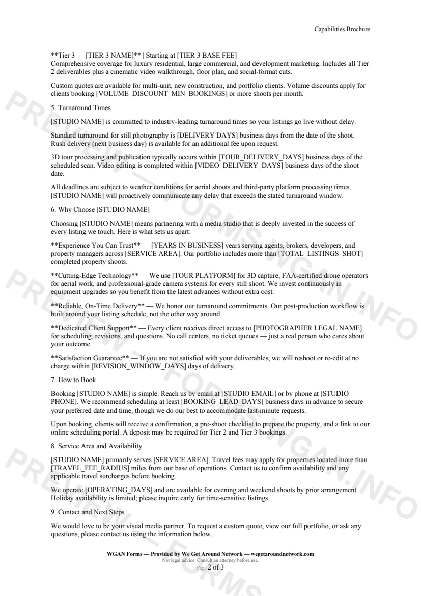 Capabilities Brochure — page 2 preview covering Why Choose [STUDIO NAME], How to Book, Service Area and Availability