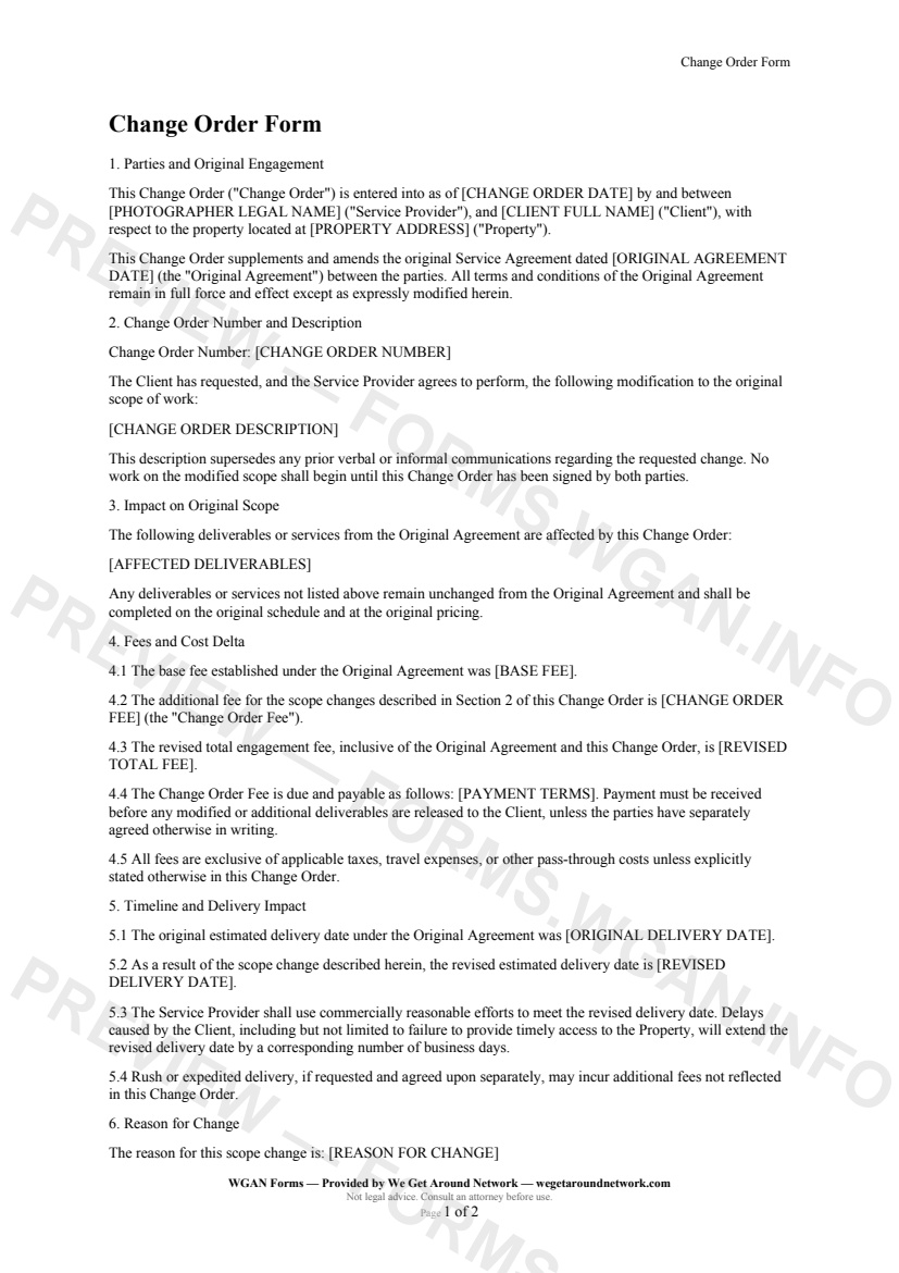 Change Order Form — page 1 preview covering Parties and Original Engagement, Change Order Number and Description, Impact on Original Scope