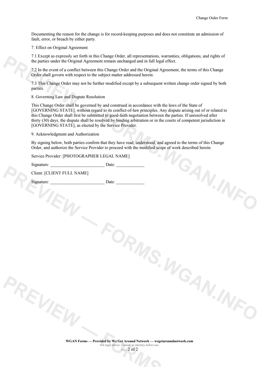 Change Order Form — page 2 preview covering Reason for Change, Effect on Original Agreement, Governing Law and Dispute Resolution