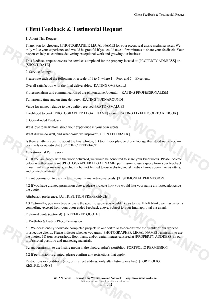 Client Feedback & Testimonial Request — page 1 preview covering About This Request, Service Ratings, Open-Ended Feedback