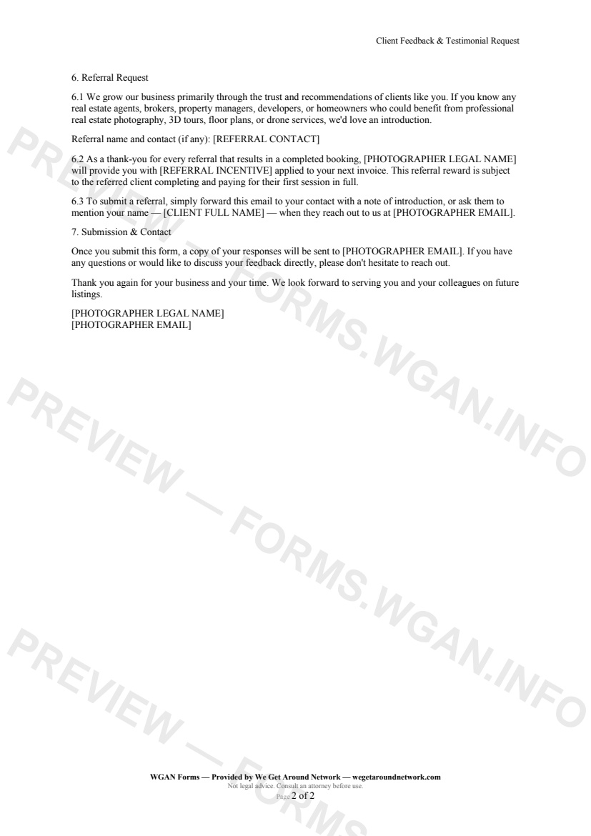 Client Feedback & Testimonial Request — page 2 preview covering Portfolio & Listing Photo Permission, Referral Request, Submission & Contact