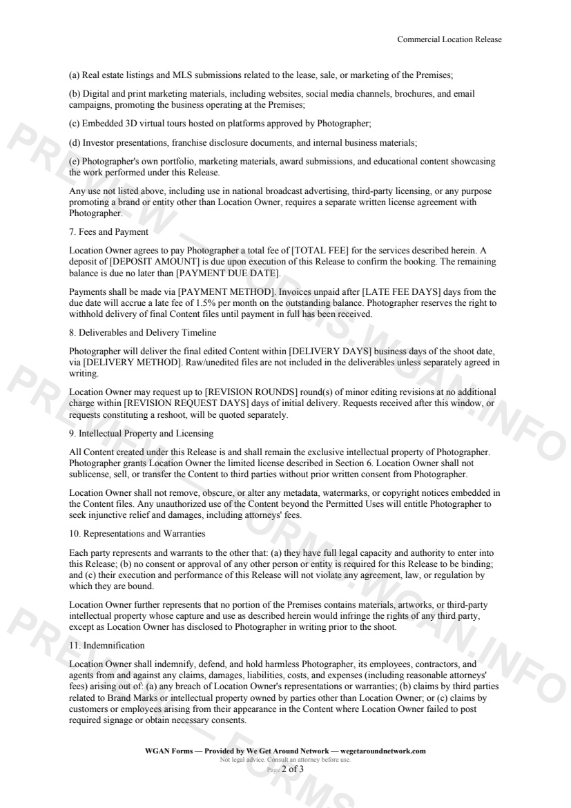 Commercial Location Release — page 2 preview covering Intellectual Property and Licensing, Representations and Warranties, Indemnification