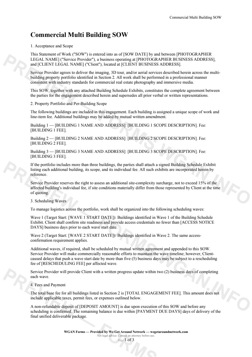 Commercial Multi Building SOW — page 1 preview covering Acceptance and Scope, Property Portfolio and Per-Building Scope, Scheduling Waves