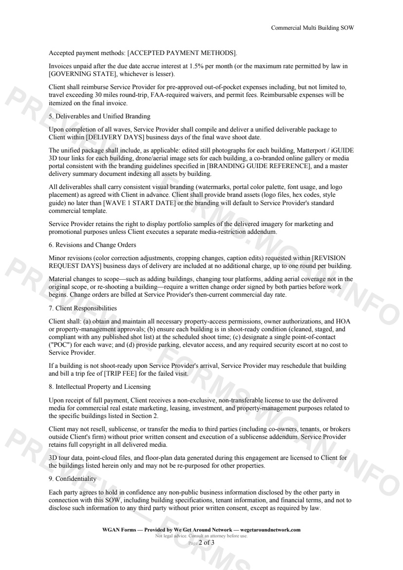 Commercial Multi Building SOW — page 2 preview covering Intellectual Property and Licensing, Confidentiality, Cancellation and Termination