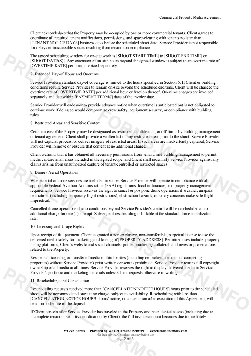 Commercial Property Media Agreement — page 2 preview covering Drone / Aerial Operations, Licensing and Usage Rights, Rescheduling and Cancellation