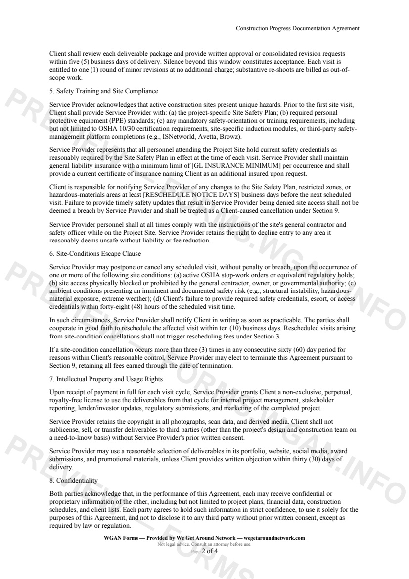 Construction Progress Documentation Agreement — page 2 preview covering Confidentiality, Termination, Limitation of Liability