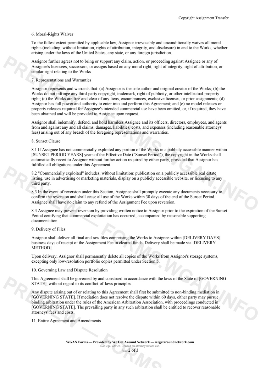 Copyright Assignment Transfer — page 2 preview covering 7. Representations and Warranties, 8. Sunset Clause, 9. Delivery of Files