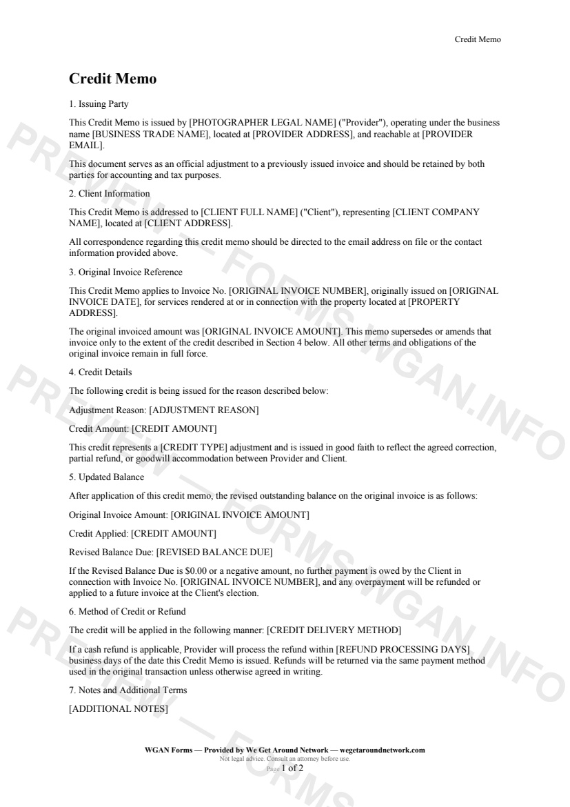 Credit Memo — page 1 preview covering Issuing Party, Client Information, Original Invoice Reference
