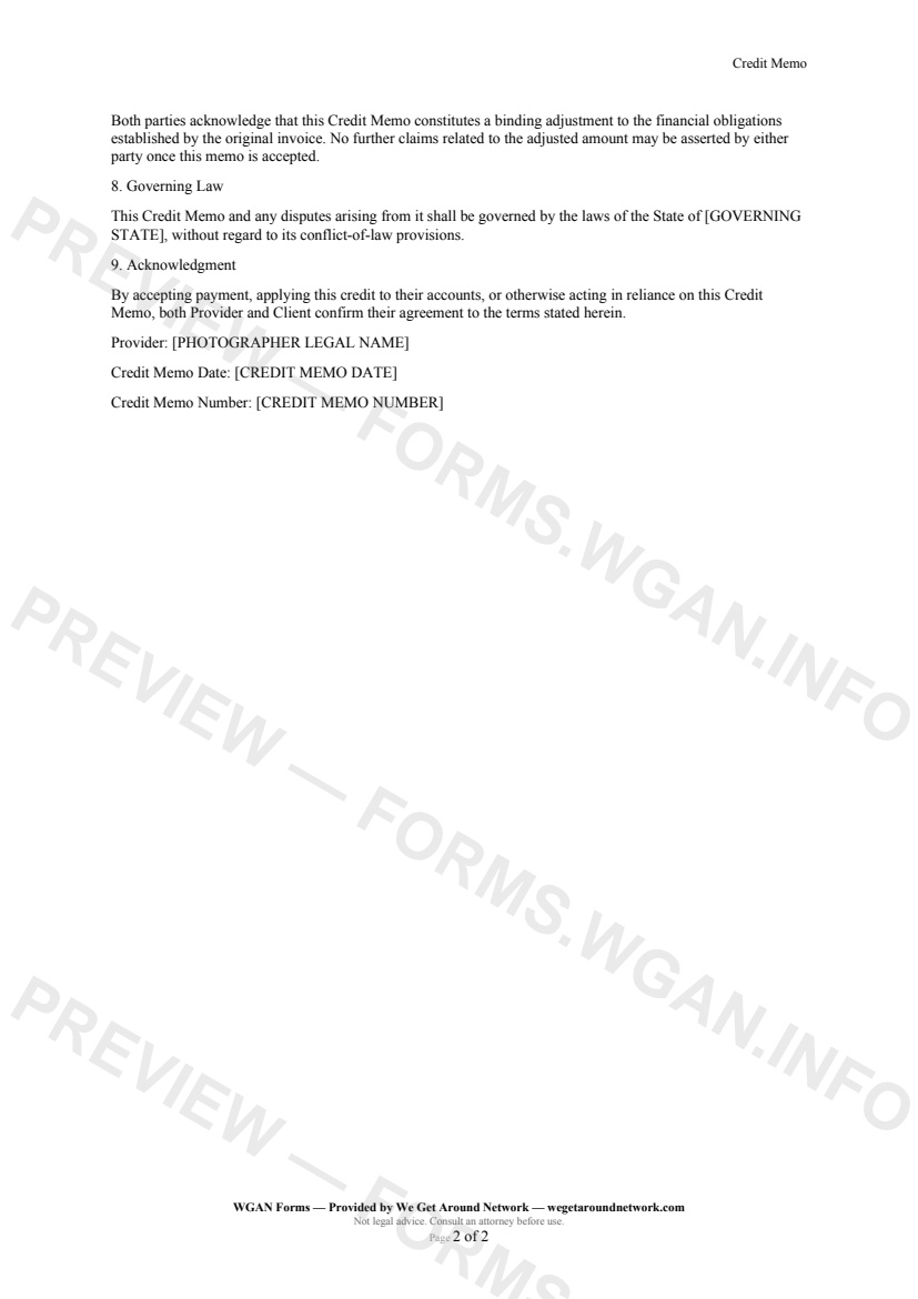 Credit Memo — page 2 preview covering Method of Credit or Refund, Notes and Additional Terms, Governing Law