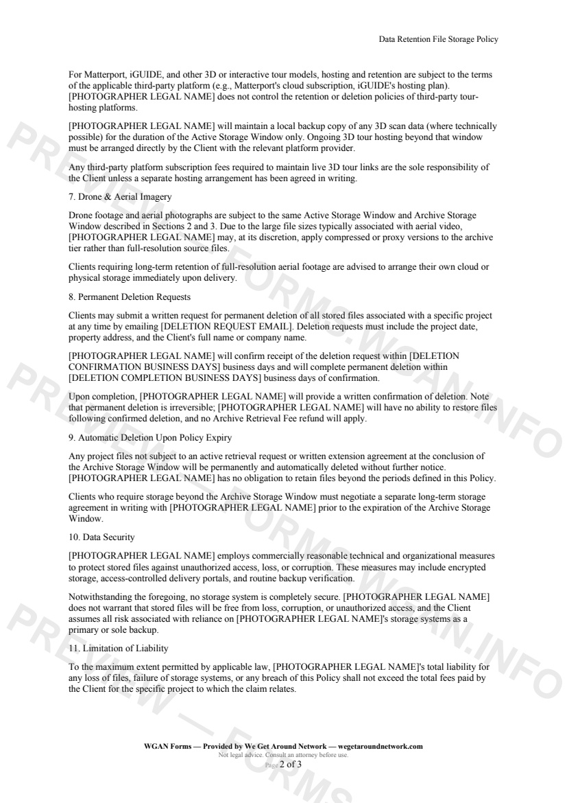 Data Retention File Storage Policy — page 2 preview covering Permanent Deletion Requests, Automatic Deletion Upon Policy Expiry, Data Security
