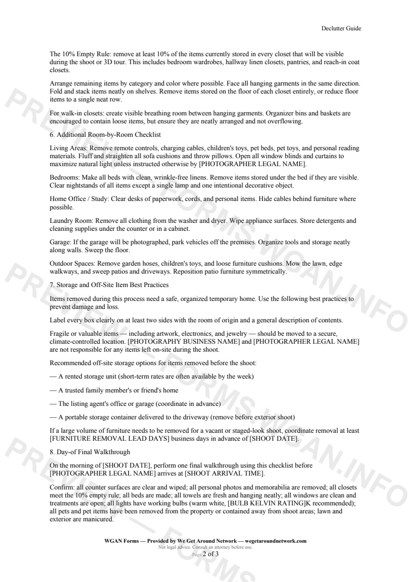 Declutter Guide — page 2 preview covering Additional Room-by-Room Checklist, Storage and Off-Site Item Best Practices, Day-of Final Walkthrough