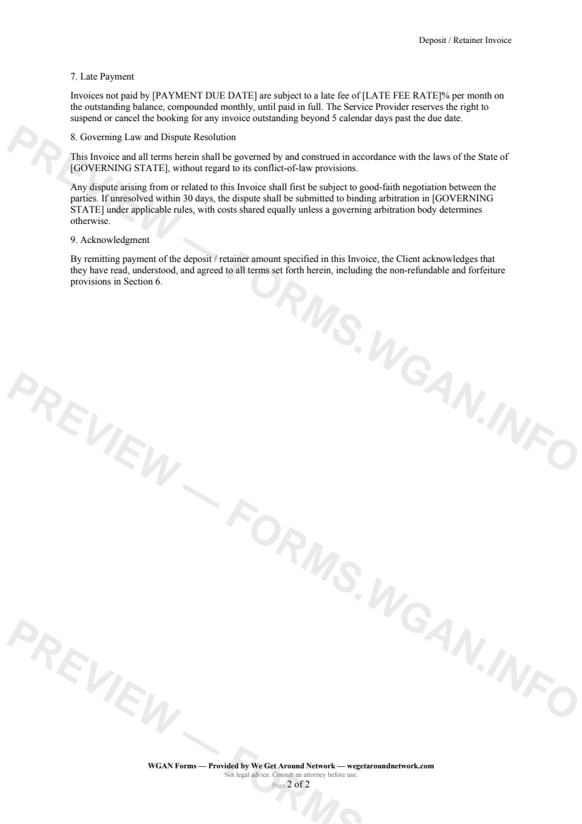 Deposit / Retainer Invoice — page 2 preview covering Non-Refundable Nature and Forfeiture Conditions, Late Payment, Governing Law and Dispute Resolution