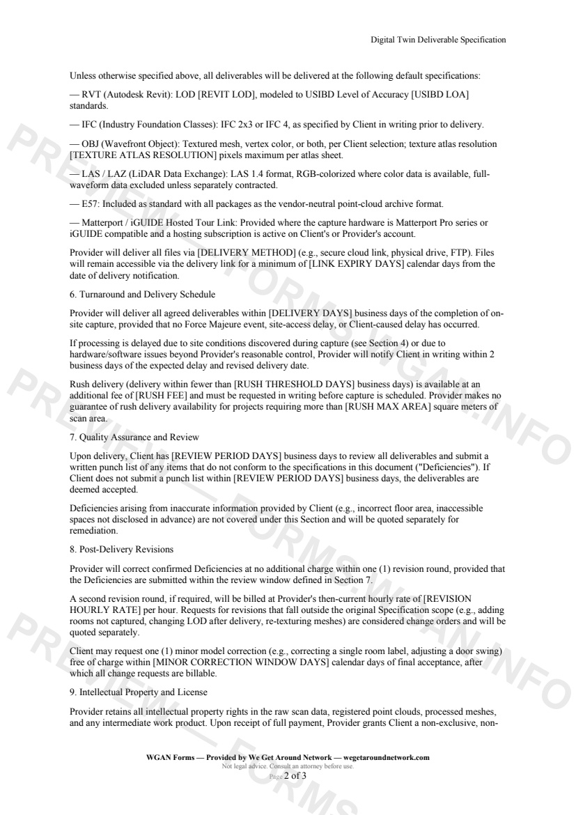Digital Twin Deliverable Specification — page 2 preview covering Quality Assurance and Review, Post-Delivery Revisions, Intellectual Property and License