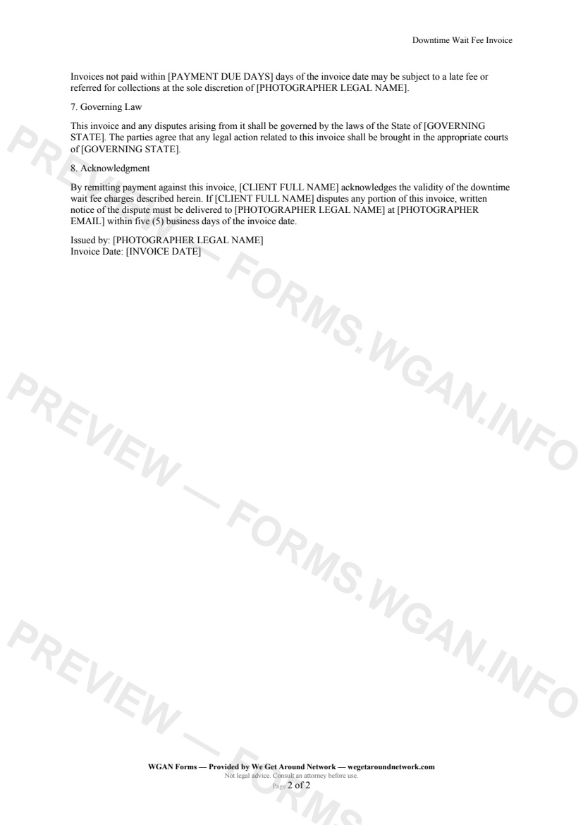 Downtime Wait Fee Invoice — page 2 preview covering Description of Delay, Payment Terms, Governing Law