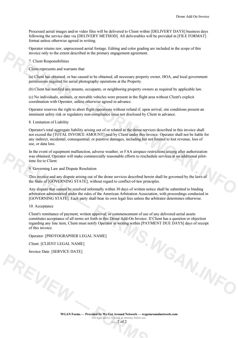 Drone Add On Invoice — page 2 preview covering Deliverables and Delivery Timeline, Client Responsibilities, Limitation of Liability