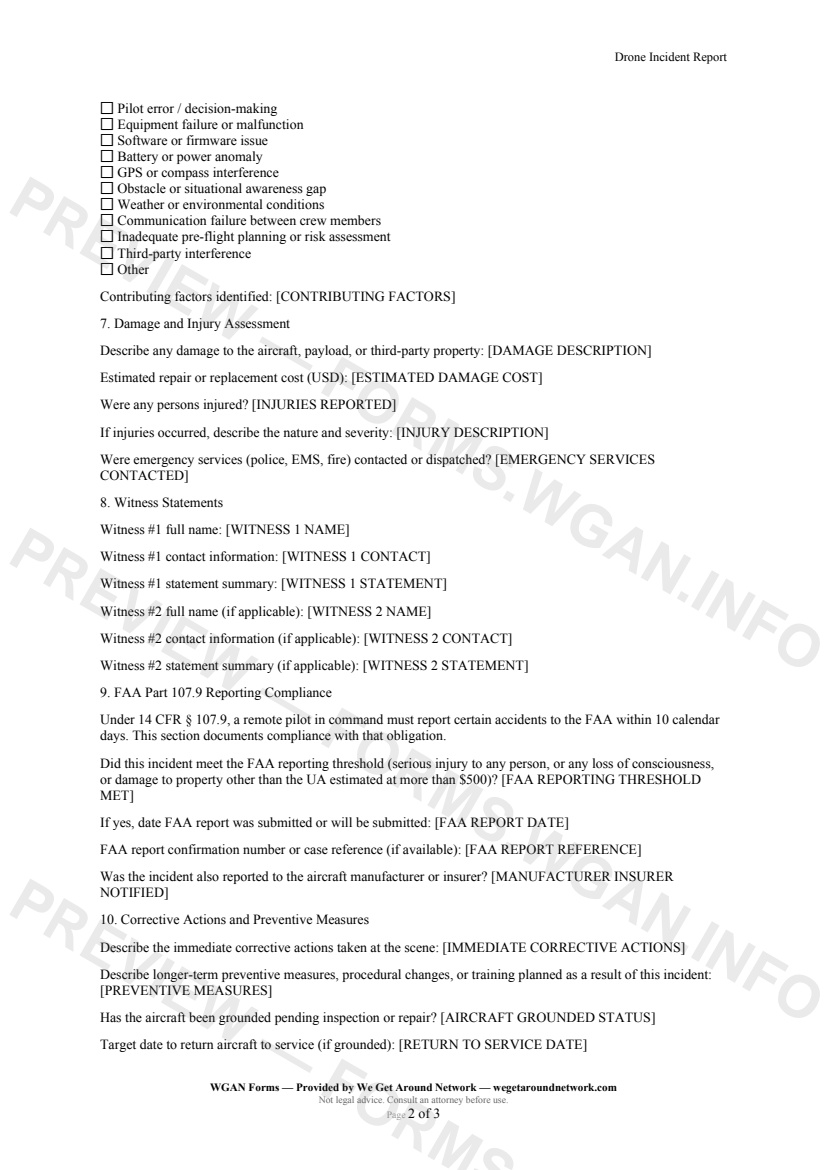 Drone Incident Report — page 2 preview covering Damage and Injury Assessment, Witness Statements, FAA Part 107.9 Reporting Compliance