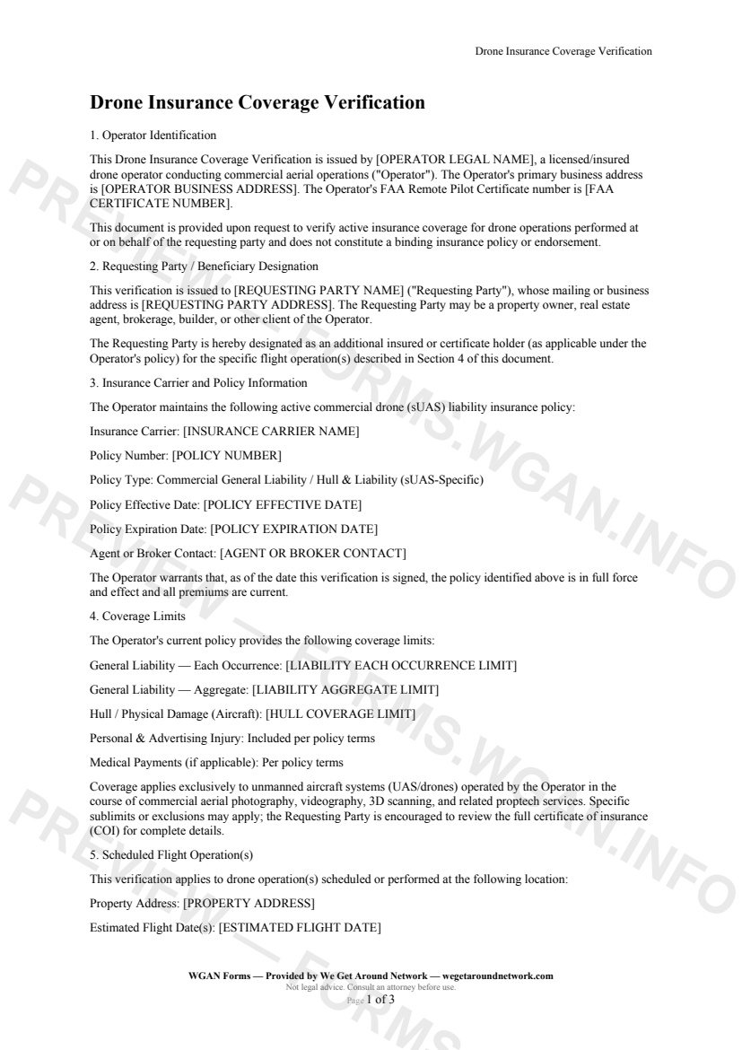 Drone Insurance Coverage Verification — page 1 preview covering Operator Identification, Requesting Party / Beneficiary Designation, Insurance Carrier and Policy Information