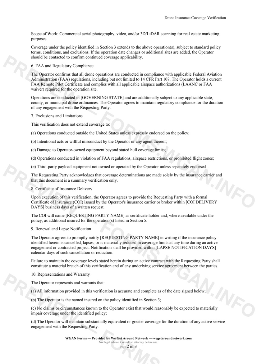 Drone Insurance Coverage Verification — page 2 preview covering Exclusions and Limitations, Certificate of Insurance Delivery, Renewal and Lapse Notification