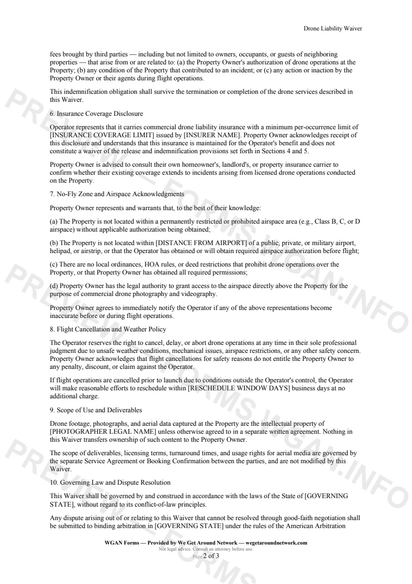 Drone Liability Waiver — page 2 preview covering No-Fly Zone and Airspace Acknowledgments, Flight Cancellation and Weather Policy, Scope of Use and Deliverables