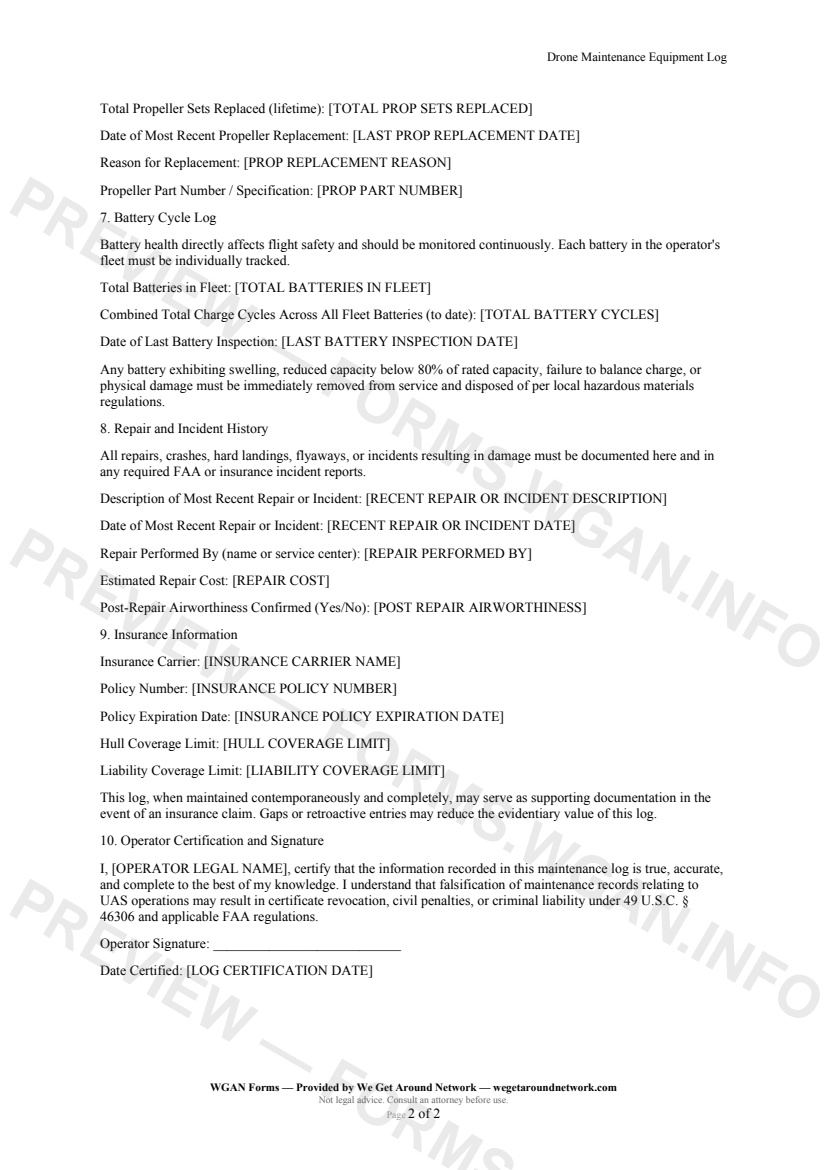 Drone Maintenance Equipment Log — page 2 preview covering Propeller Replacement History, Battery Cycle Log, Repair and Incident History