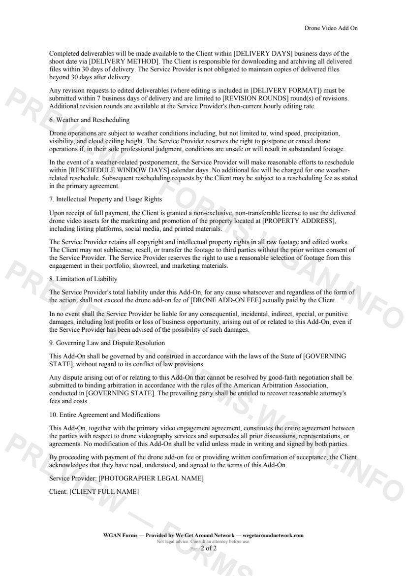 Drone Video Add On — page 2 preview covering Weather and Rescheduling, Intellectual Property and Usage Rights, Limitation of Liability