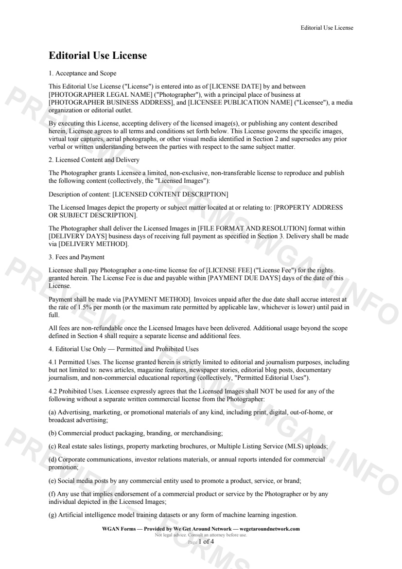 Editorial Use License — page 1 preview covering Acceptance and Scope, Licensed Content and Delivery, Fees and Payment