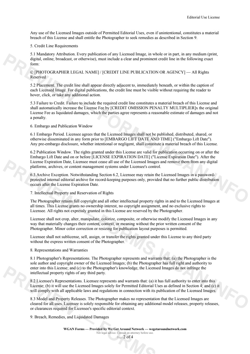 Editorial Use License — page 2 preview covering Representations and Warranties, Breach, Remedies, and Liquidated Damages, Indemnification
