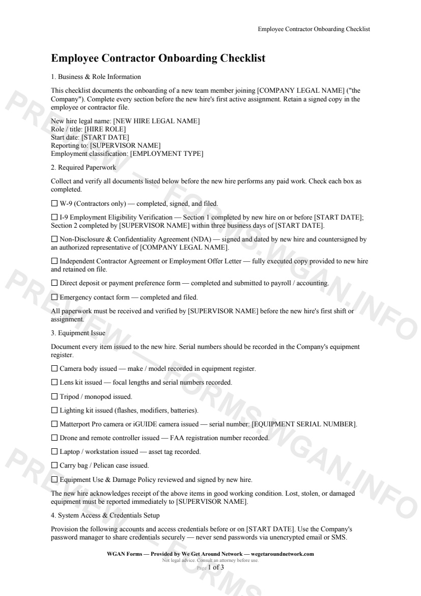 Employee Contractor Onboarding Checklist — page 1 preview covering Business & Role Information, Required Paperwork, Equipment Issue