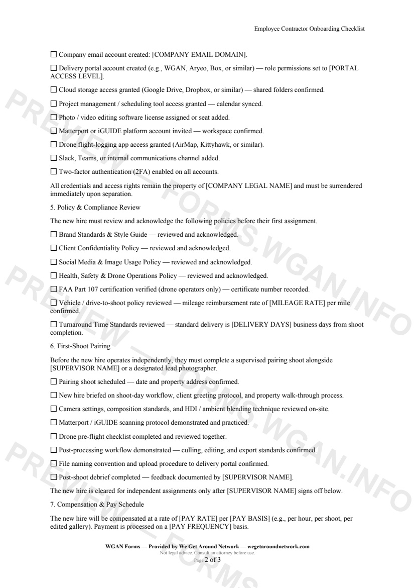 Employee Contractor Onboarding Checklist — page 2 preview covering Policy & Compliance Review, First-Shoot Pairing, Compensation & Pay Schedule