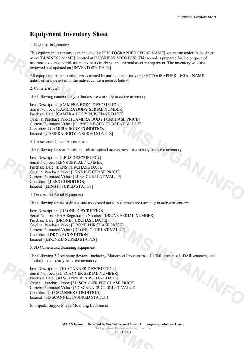 Equipment Inventory Sheet — page 1 preview covering Business Information, Camera Bodies, Lenses and Optical Accessories