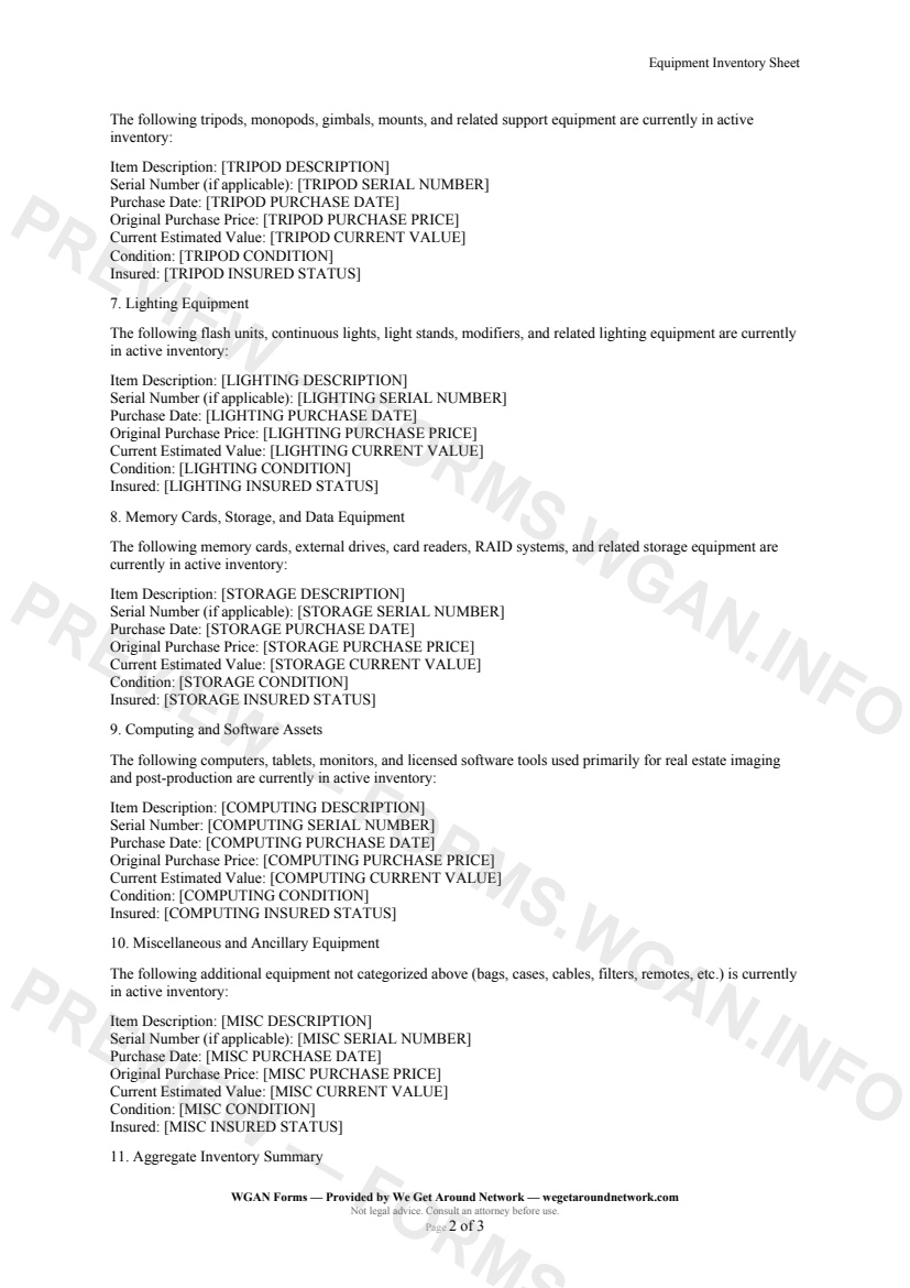 Equipment Inventory Sheet — page 2 preview covering Lighting Equipment, Memory Cards, Storage, and Data Equipment, Computing and Software Assets