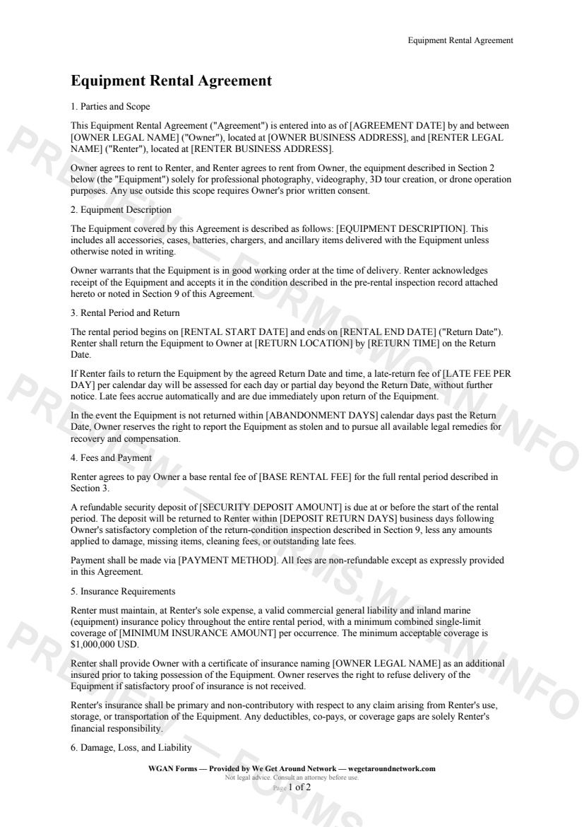 Equipment Rental Agreement — page 1 preview covering 1. Parties and Scope, 2. Equipment Description, 3. Rental Period and Return