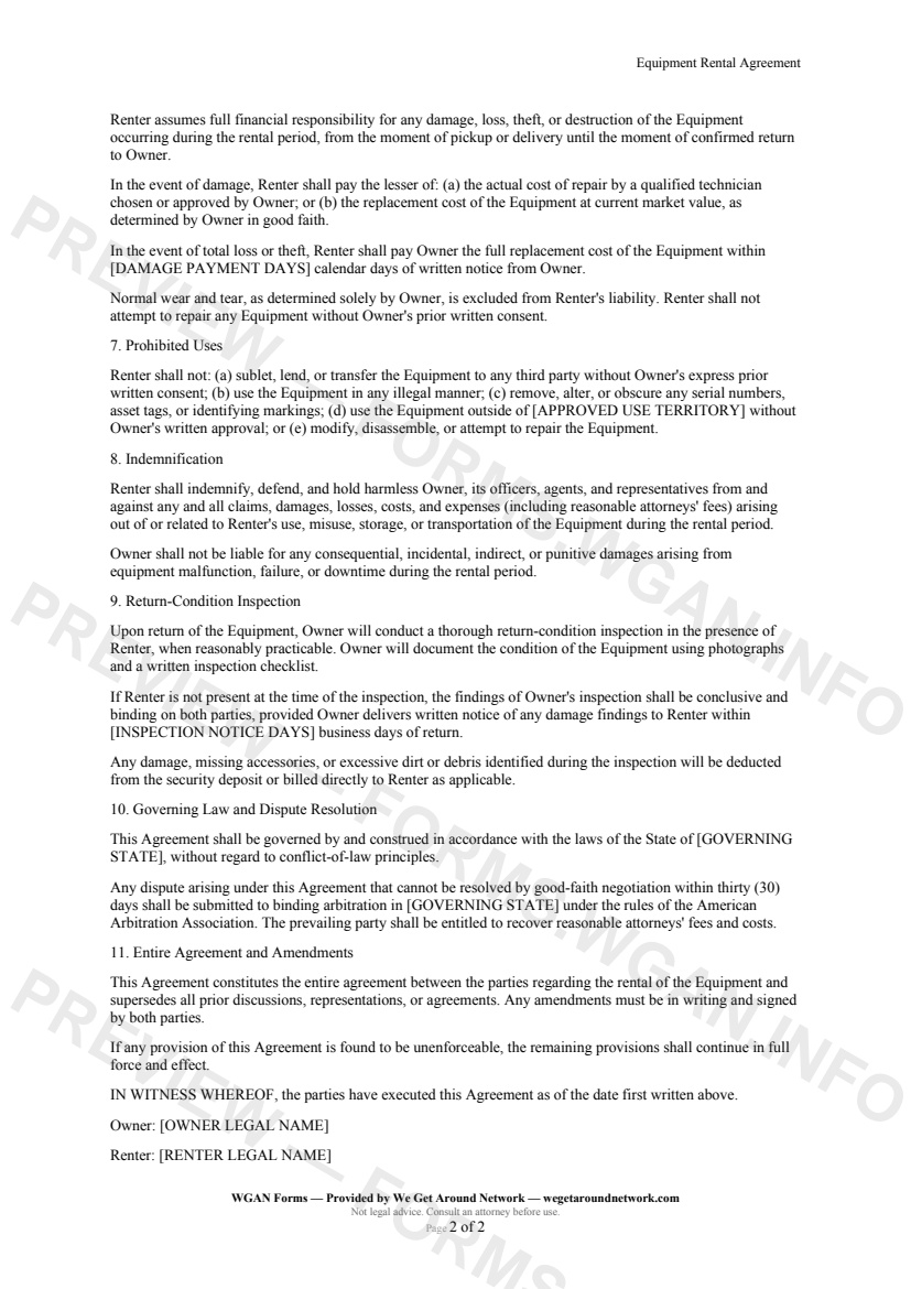 Equipment Rental Agreement — page 2 preview covering 7. Prohibited Uses, 8. Indemnification, 9. Return-Condition Inspection