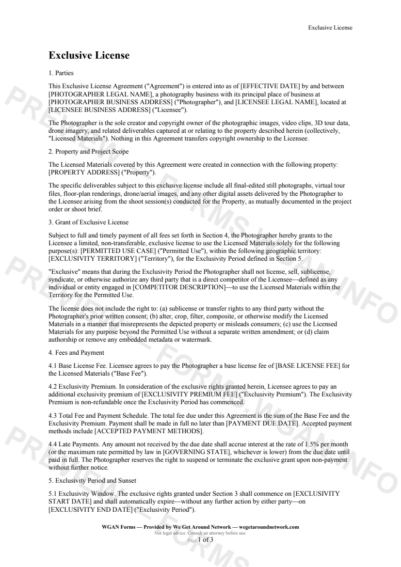 Exclusive License — page 1 preview covering 1. Parties, 2. Property and Project Scope, 3. Grant of Exclusive License